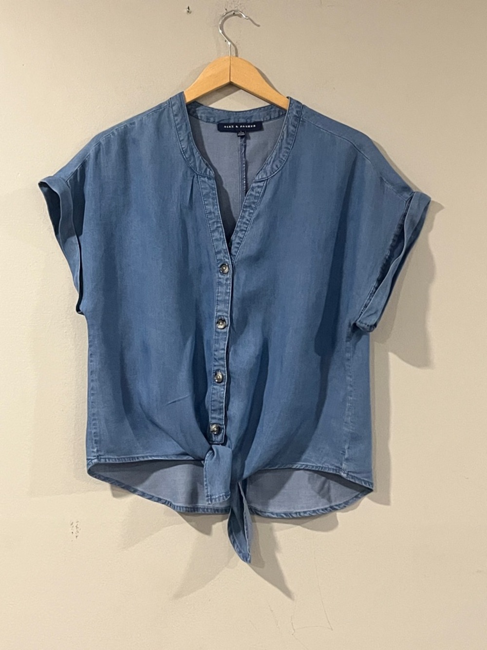 Alex & Parker Denim Blue Tie-Front Button Down Top